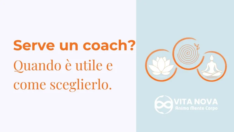Grafica informativa di Vita Nova su quando serve un coach e come sceglierlo, con icone di loto, meditazione.